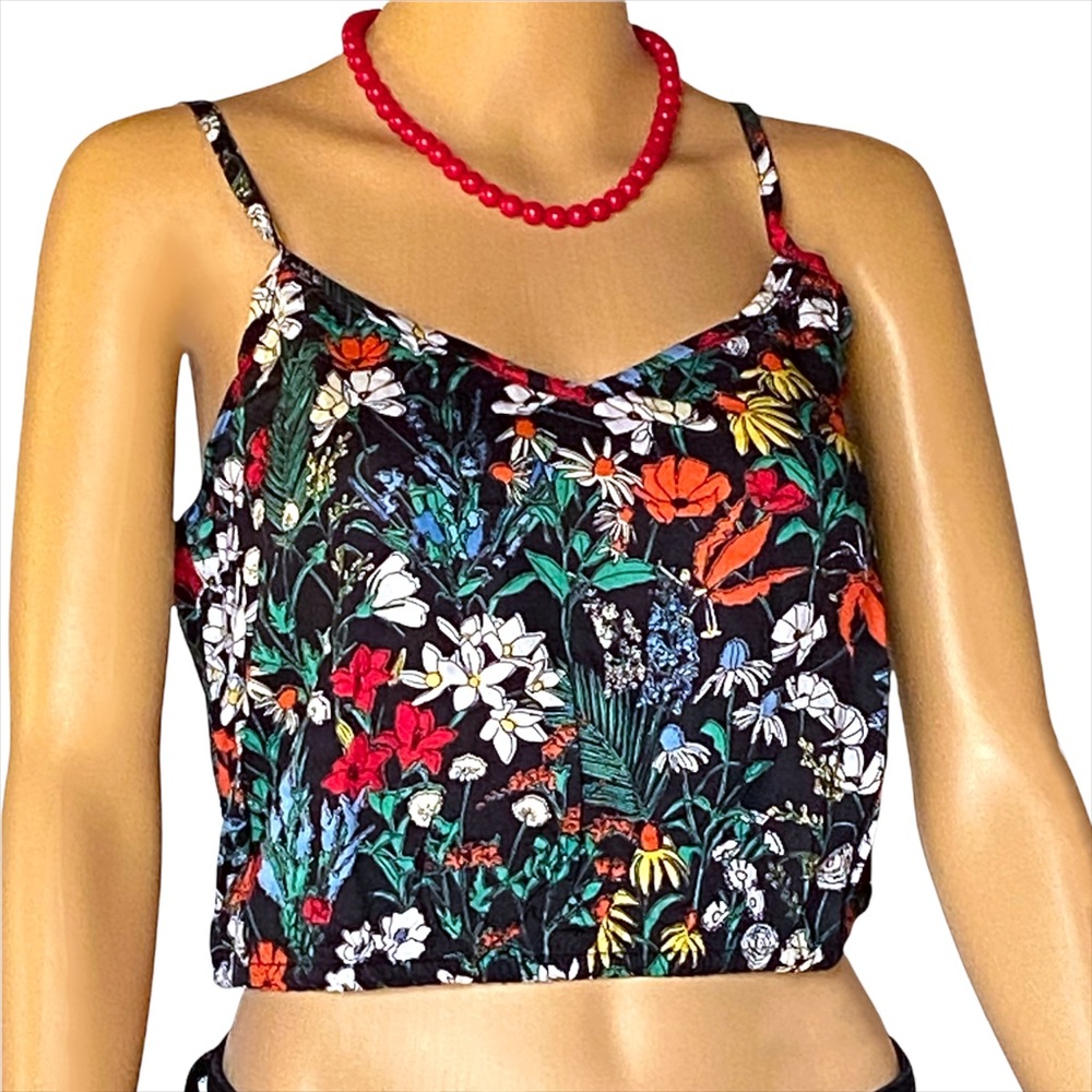 ✨HP✨🆕 RVCA | Vibrant Black & Turquoise Floral Tracker Crop Tank Top. - Picture 3 of 12